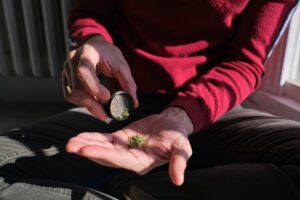 Unrecognizable man holding newly ground cannabis marijuana